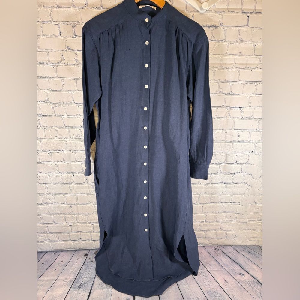 Emerson Fry Lake Blue Linen Quiet Luxury Preppy Minimalist Midi Shirtdress XS